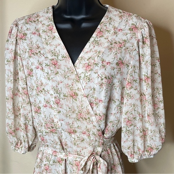 Floral Puff Sleeve Korean Wrap Dress OS / S - Picture 6 of 16